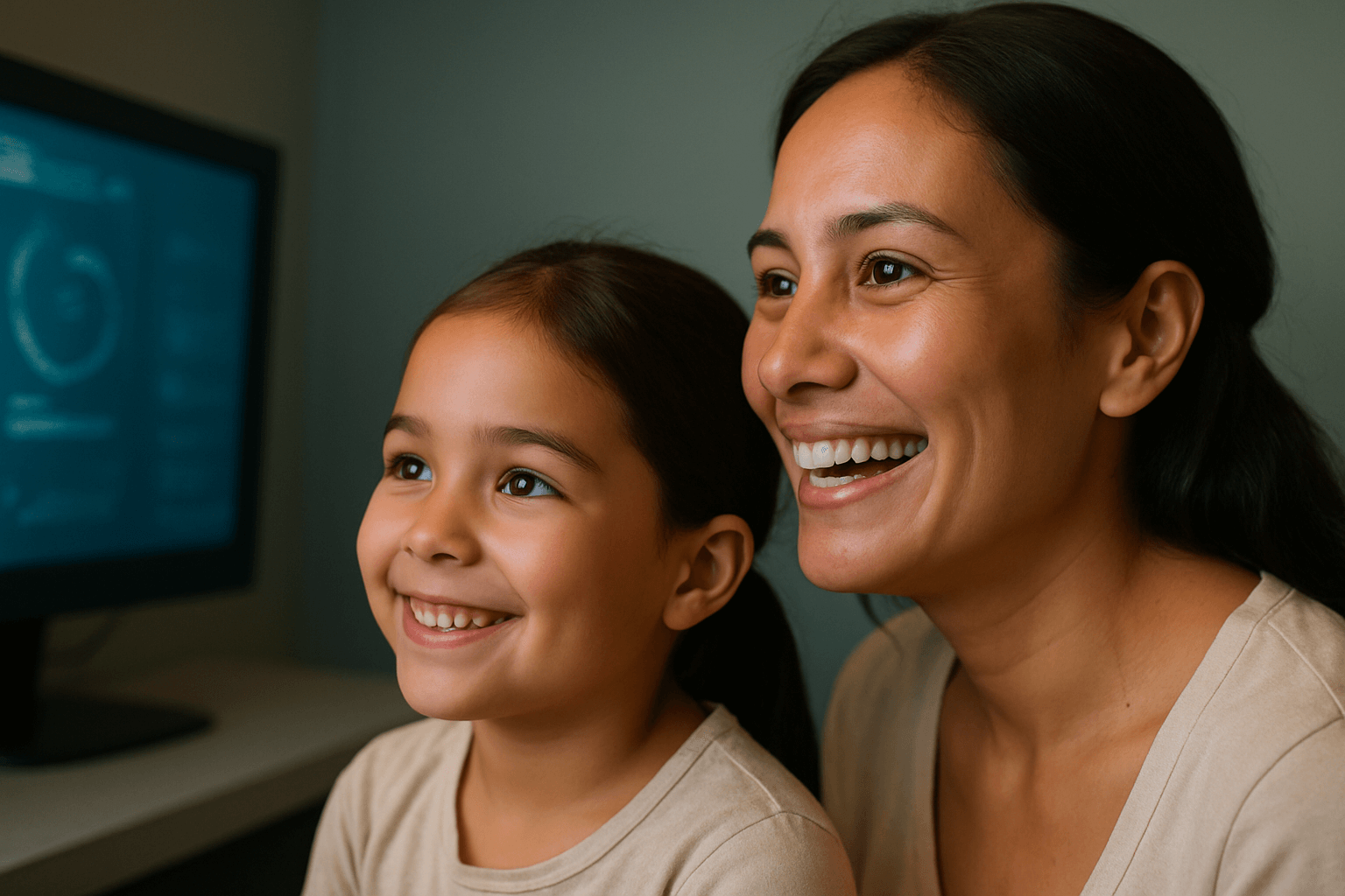Madre e hija felices después de sesión de neurofeedback en NeuroSync